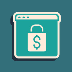 Green Online shopping on screen icon isolated on green background. Concept e-commerce, e-business, online business marketing. Long shadow style. Vector