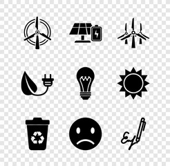 Set Rotating wind turbine, Solar energy panel and battery, Wind turbines, Recycle with recycle, Sad smile, Signature, Electric saving plug leaf and Light bulb icon. Vector