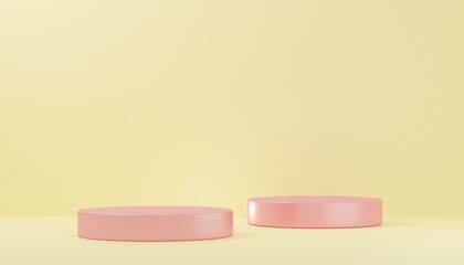 Empty studio product display yellow background & copy space. perspective studio photography stand.banner mock up space for showcase product.empty countertop backdrop business presentation, 3d render