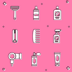 Set Shaving razor, gel foam, Bottle of shampoo, Curling iron for hair, Hairbrush, Hairdresser pistol spray bottle, dryer and Aftershave with atomizer icon. Vector