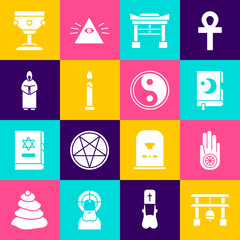 Set Japan Gate, Jainism or Jain Dharma, Holy book of Koran, Burning candle, Monk, Christian chalice and Yin Yang icon. Vector