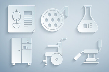 Set Wheelchair for disabled person, Test tube and flask, Medicine cabinet, Medical dental, Surgery lamp and X-ray shots icon. Vector