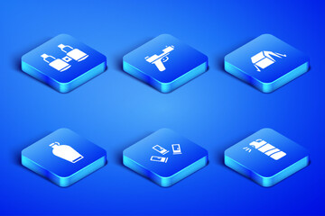 Set Pepper spray, Binoculars, Cartridges, Canteen water bottle, Pistol or gun and Tourist tent icon. Vector