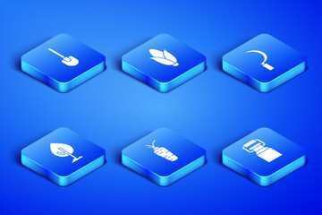 Set Can container for milk, Shovel, Carrot, Tree, Corn and Sickle icon. Vector