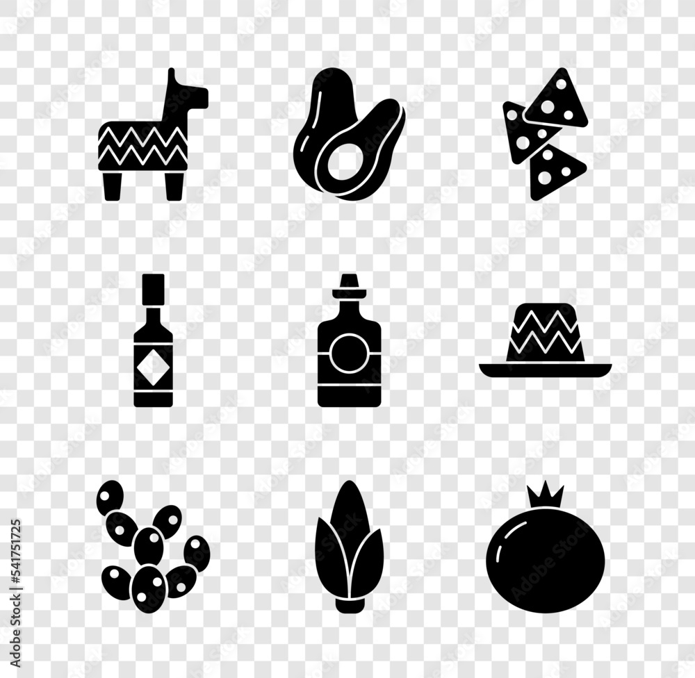 Wall mural Set Pinata, Avocado fruit, Nachos, Cactus, Corn, Tomato, Tabasco sauce and Tequila bottle icon. Vector