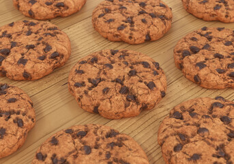 Cookies with chocolate chips on a wooden table, 3d render