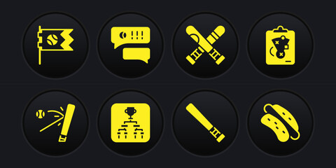 Set Baseball bat with ball, Planning strategy, Championship tournament bracket, Crossed baseball, Speech bubble chat, Hotdog sandwich and Flag icon. Vector