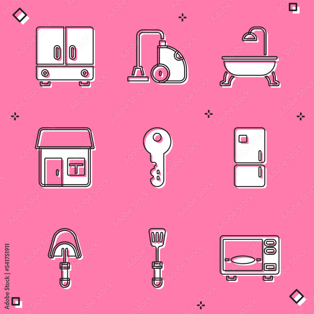 Sticker Set Wardrobe, Vacuum cleaner, Bathtub, House, key, Refrigerator, Spatula and icon. Vector