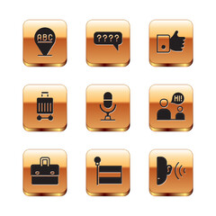 Set Alphabet, Briefcase, Flag, Microphone voice device, Suitcase, Hand like, Ear listen sound signal and Speech bubbles with Question icon. Vector