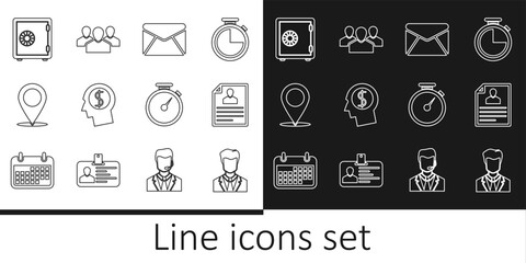 Set line User of man in business suit, Resume, Envelope, Business planning mind, Map pin, Safe, Stopwatch and Users group icon. Vector