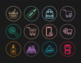 Set line Mobile and shopping cart, Shopping, bag with Sale, Add to, Magnifying glass percent, basket, and Price tag New icon. Vector