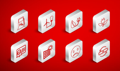 Set line Chain link line, Light bulb with wind turbine, Electric saving plug leaf, Sad smile, Hydrogen filling station, Solar energy panel and sun and Certificate template icon. Vector