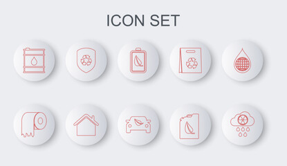 Set line Acid rain and radioactive cloud, Toilet paper roll, Eco nature leaf battery, Bio fuel canister, Oil barrel, Recycle inside shield, House and car drive with icon. Vector