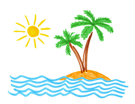 Child drawing of palm trees and see waves