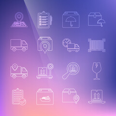 Set line Cardboard boxes on pallet, Fragile broken glass, Barcode, Delivery package with umbrella, Location cardboard, cargo truck vehicle, Placeholder map and and clock icon. Vector