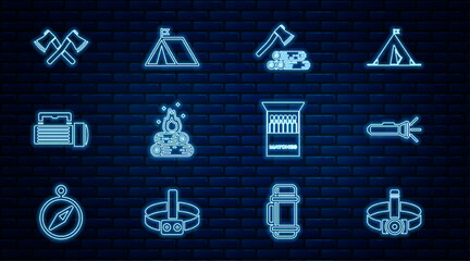 Set line Head flashlight, Flashlight, Wooden axe and wood, Campfire, Crossed wooden, Open matchbox matches and Tourist tent with flag icon. Vector