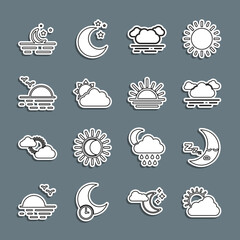 Set line Sun and cloud weather, Moon icon, Cloud, Sunset, stars and icon. Vector