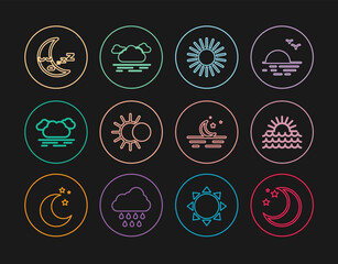 Set line Moon and stars, Sunset, Eclipse of the sun, Cloud, icon, and icon. Vector