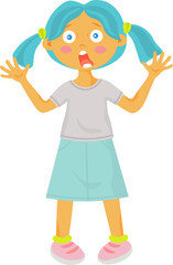 Frightened crying little girl with open mouth. Preschool kid horrified and shouting. Afraid