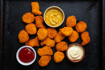 Top view of chicken nuggets on dark surface with sauce dip fastfood