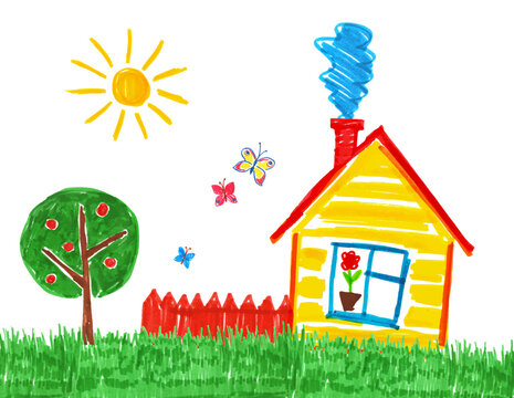 Premium Vector | Cute childrens drawing crayon illustration of house with  flower in sunny day