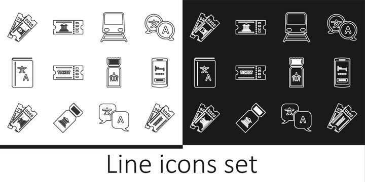 Set line Ticket, Online hotel booking, Train, Translator, ticket, Airline and Museum icon. Vector