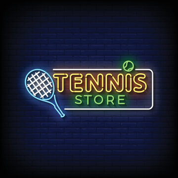 Neon Sign tennis store with brick wall background vector