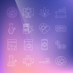 Set line Herbal ecstasy tablets, Cannabis molecule, Marijuana or cannabis leaf, Medical bottle with marijuana, Glass bong for smoking, Stop and icon. Vector