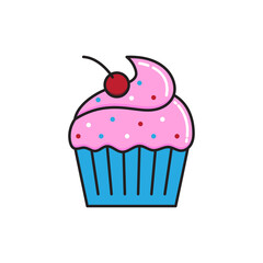 Cupcake with pink cream and a cherry on a white background. Vector illustration isolated on white background