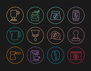 Set line Bag of coffee beans, Coffee tamper, V60 maker, pot, Irish, and conversation and Manual grinder icon. Vector