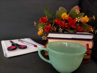 still life with tea and flowers