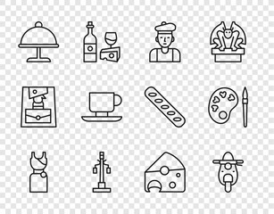 Set line Woman dress, Scooter, French, Street light, Covered with tray, Coffee cup, Cheese and Paint brush palette icon. Vector