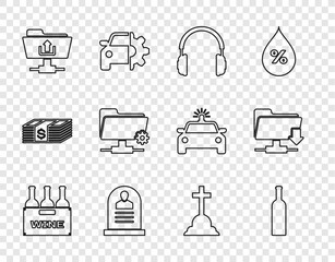 Set line Bottles of wine in box, Headphones, Tombstone with RIP written, FTP folder upload, settings, cross and download icon. Vector