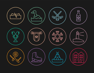 Set line House, Lighthouse, Ice hockey sticks and puck, Pennant Canada, Lobster, Kayak or canoe, Snowflake and Flying duck icon. Vector