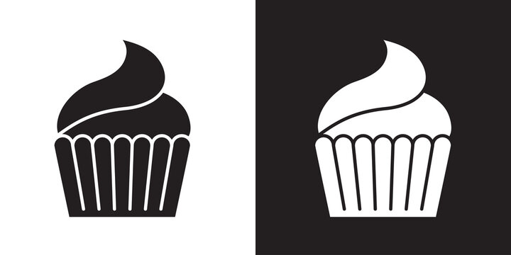 Cupcake icon. Two color version of cupcake vector icon isolated on white and black background. Vector illustration