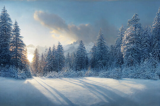 Einsame Holzh&uuml;tte im schneebedeckten Wald im Winter vor Bergpanorama