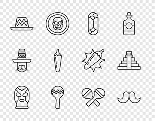 Set line Mexican wrestler, Mustache, Burrito, Maracas, sombrero, Hot chili pepper pod, and Chichen Itza in Mayan icon. Vector