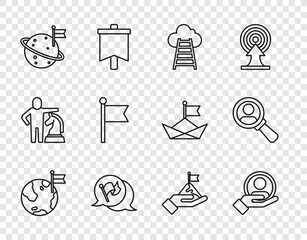 Set line Planet with flag, Hand for search people, Stair finish, Flag, Moon, Mountains and Magnifying glass icon. Vector