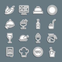 Set line Champagne in an ice bucket, Coffee pot, Kitchen ladle, Hotel service bell, Ice cream bowl, Covered with tray food, chili pepper pod and Wine bottle icon. Vector