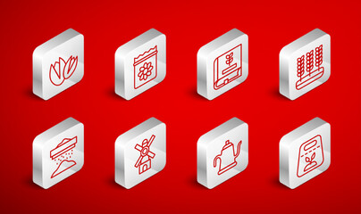 Set line Pack full of seeds of plant, Book about, Wheat, Watering can, Pistachio nuts, Windmill and Sifting flour icon. Vector