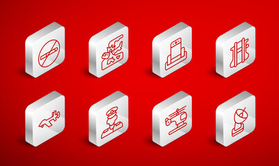 Set line Radar, Plane crash, Metal detector in airport, Parachute, Helicopter, No Smoking, Pilot and UAV Drone icon. Vector