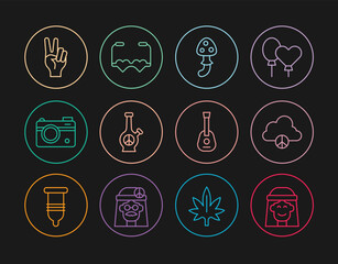 Set line Hippie girl, Peace cloud, Psilocybin mushroom, Bong, Photo camera, symbol, Guitar and Heart shaped love glasses icon. Vector