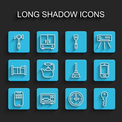 Set line Mobile Apps, Microwave oven, Hammer, Clock, House key, Kettle with handle, phone and Handle broom icon. Vector