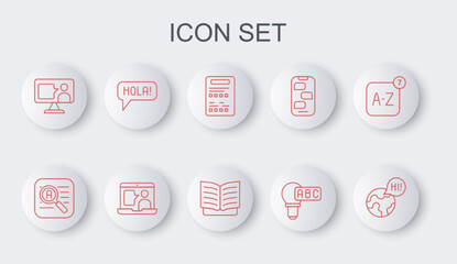 Set line Learning foreign languages, Translator, Exam sheet, Creative lamp light idea, Foreign online study, Hola different, and Open book icon. Vector © vector_v