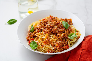 Close up of italian pasta spaghetti bolognese in bowl