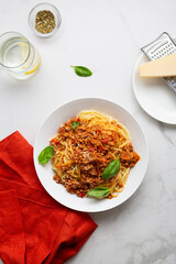 Top view of italian pasta spaghetti bolognese in bowl - 541753148