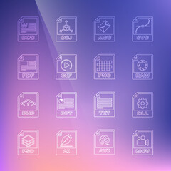 Set line MOV file document, DLL, RAW, MSG, GIF, PDF, DOC and PNG icon. Vector