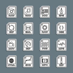 Set line ZIP file document, MP3, CSS, DOC, EML, GIF, RAW and icon. Vector