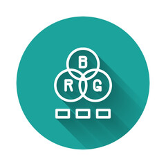 White line RGB color mixing icon isolated with long shadow. Green circle button. Vector