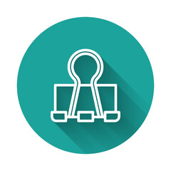 White line Binder clip icon isolated with long shadow. Paper clip. Green circle button. Vector